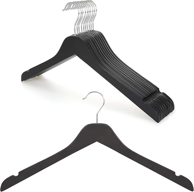 TOPIA HANGER Black Wooden Hangers, 0.28-inch Slim Wood Clothes Hanger with Flat Design and Smooth Notches, Lightweight Space Saving Hangers for Shirt, Coat, Camisole, 10 Pack-Matte Black, CT29B