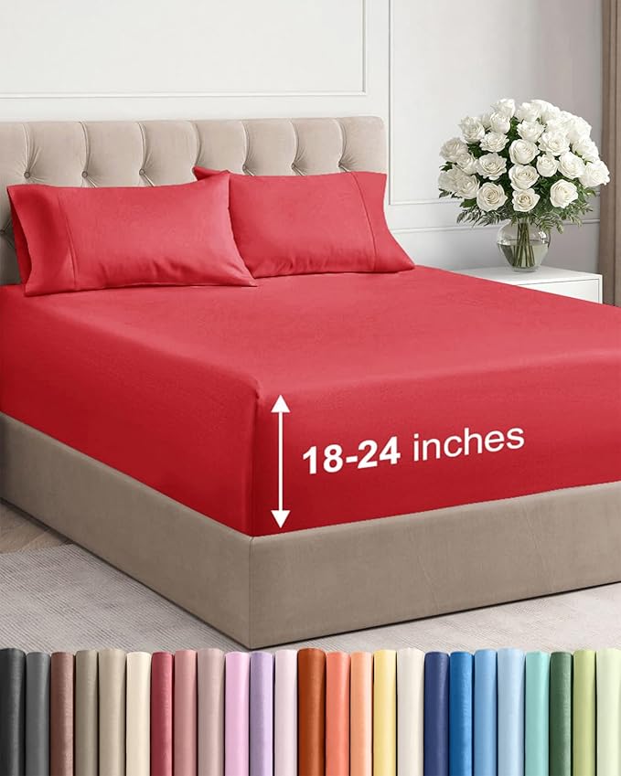 Extra Deep Twin XL Sheet Set - 4 Piece Breathable and Cooling Sheets - Hotel Luxury Bed Sheets Set - Easy & Secure Fit - Soft, Wrinkle Free and Comfy Sheets Set - Red Sheet Set with Extra Deep Pockets