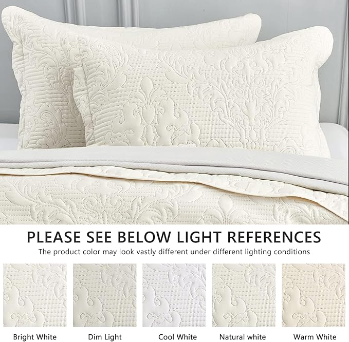 CHIXIN Bedspread Coverlet Set Queen Size - Lightweight Bedding Cover - Ultrasonic Quilting - 5 Piece Reversible Bedspread - Elegant Damask Paisley Pattern (Queen, Ivory)