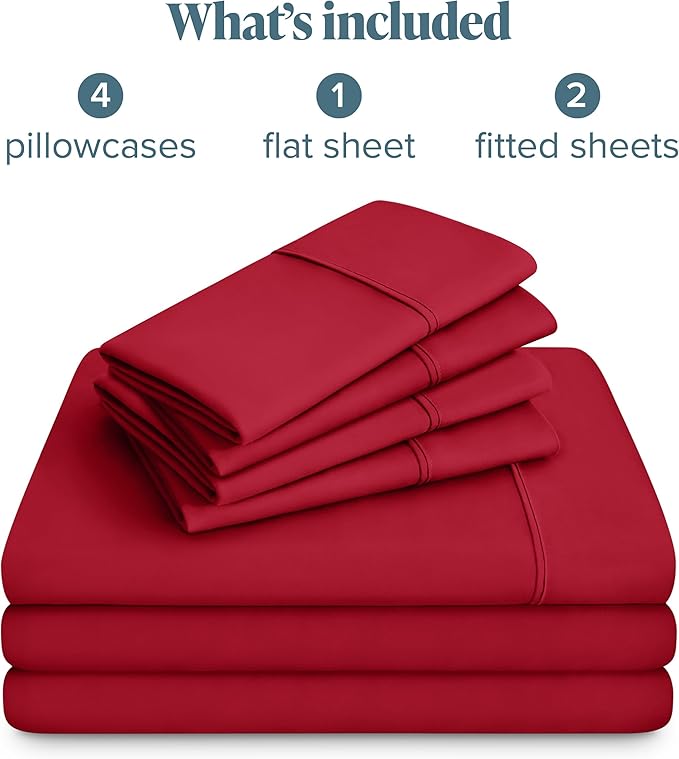 Bare Home Hotel Luxury Split King Sheet Set, Extra Soft - 7 Piece Set - Deep Pockets - Easy Fit - Cooling & Breathable - Wrinkle, Fade, Stain Resistant - Includes 4 Pillowcases (Split King, Red)