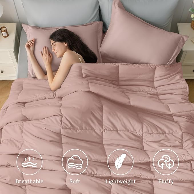 JOLLYVOGUE Queen Comforter Set, Ultra-Soft Bed in a Bag Queen Size 7 Pieces, Oeko-TEX Certified Bedding Set with Down Alternative Comforter, Sheets, Pillowcases & Shams, Pink & Light Grey