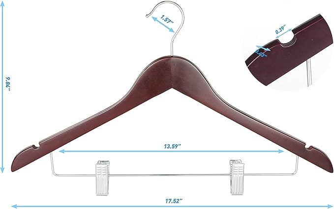 TOPIA HANGER Wooden Suit Hangers with Adjustable Metal Clips (20 Pack), Solid Wood Clothes Hangers, 360° Swivel Hook, Premium Retro Finish Pants Hangers for Clothes Coat, Jeans, Blouse- Cherry CT28M20