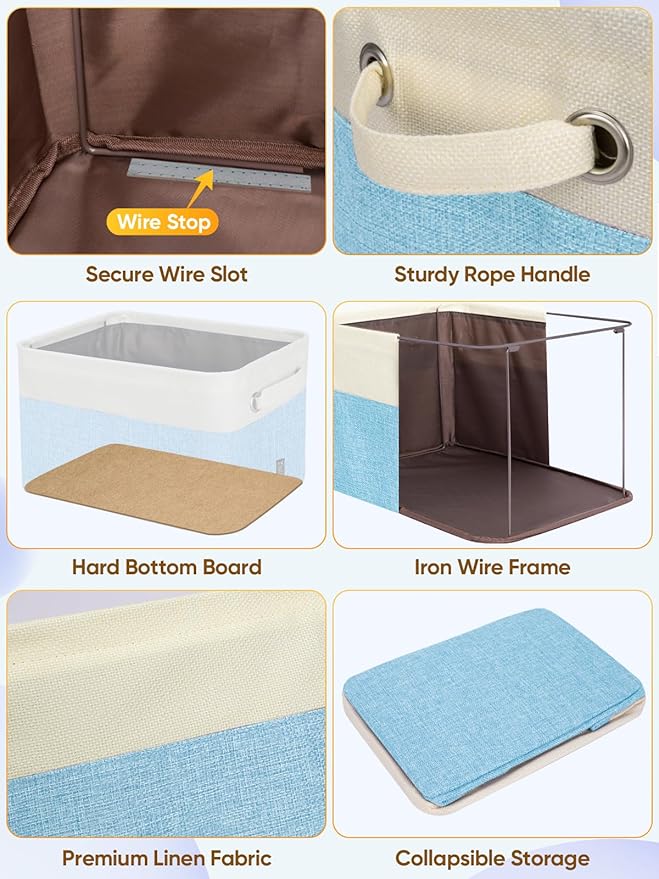 BALEINE 2 Pack Fabric Storage Bins for Shelves, Linen Storage Baskets for Organizing, Decorative Closet Bins for Clothes, Home (Skyblue, 15''x11''x9.5'')