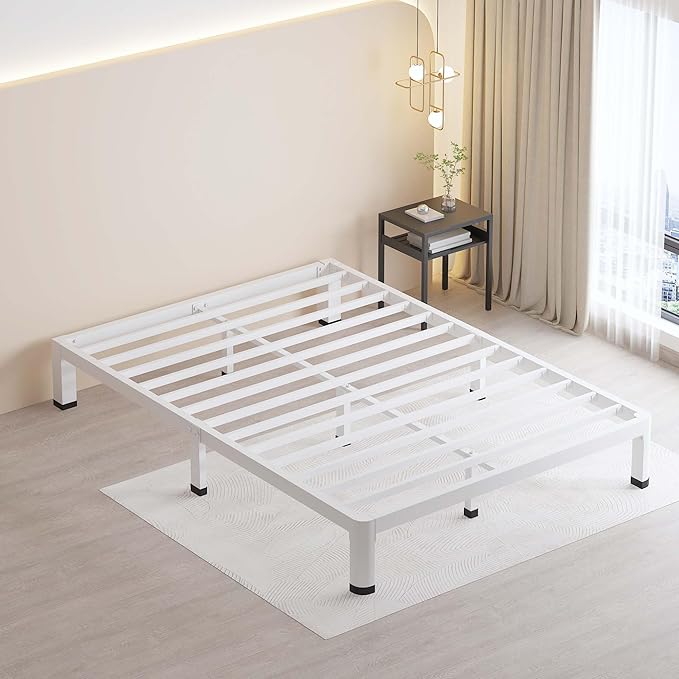 MAF 7 Inch Full Size Metal Platform Bed Frame White with Round Corner Legs, Mattress Slide Stopper, 3000 LBS Heavy Duty Steel Slats Support, Noise Free, No Box Spring Needed, Easy Assembly