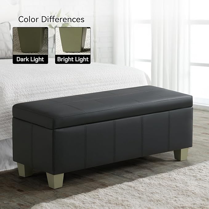 51" Faux Leather Storage Ottoman, Stitch Tufted Rectangle Upholstered End of Bed Storage Bench, Entryway Large Couch Ottoman with Wooden Legs, Dark Black