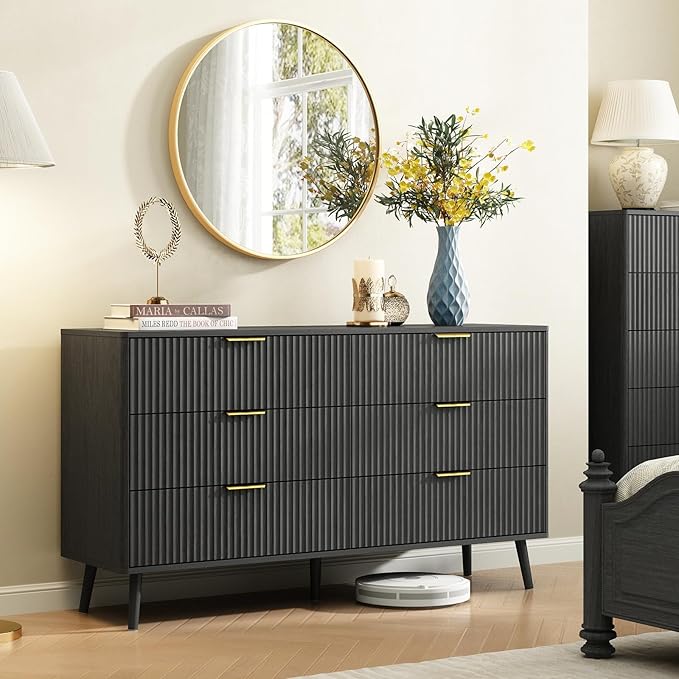 CARPETNAL Fluted 6 Drawer Dresser for Bedroom, 55" Wide Wooden Chest of Drawers with Rounded Corners, Gold Handles, Modern Storage Organizer for Bedroom, Hallway(Black)