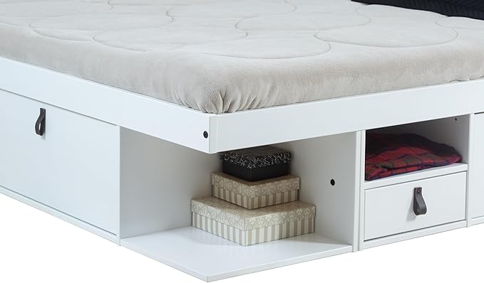 memomad Bali Slim Set: Storage Platform Bed with Drawers + Flat Panel Headboard (King Size, White Wood)