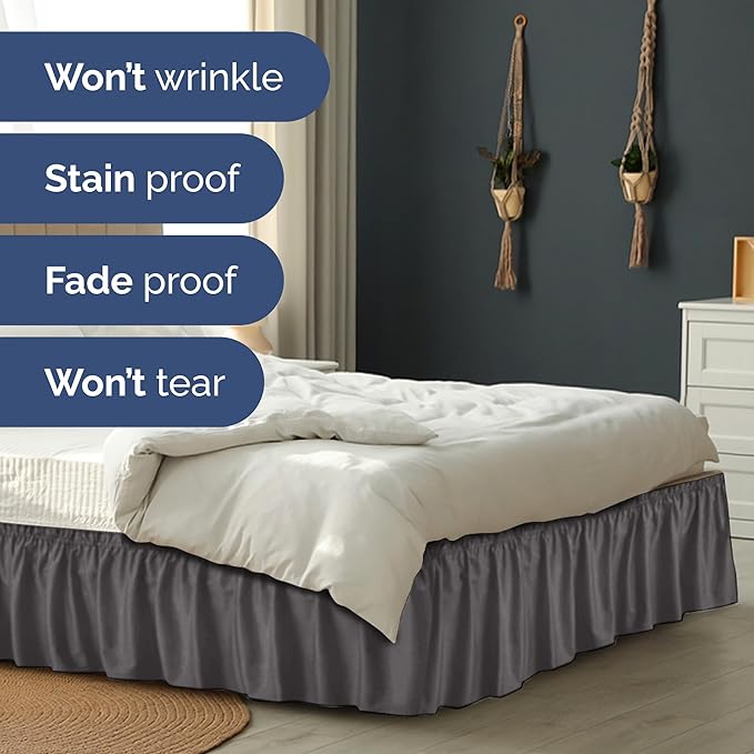 Wrap Around Dust Ruffle Bed Skirt - Dark Grey - for King Size Beds with 21 Inch Drop - Elastic Strap - Adjustable Pleated Bedskirt with Brushed Fabric and Wrinkle Free - for Women, Men, Kids & Teens