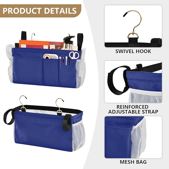 Blue Bedside Caddy Storage Bag Bedside Organizer for Bunk Bed Headboards College Organizer Caddy Hanging Shelf 6 Pockets with Hooks for Book Glasses Phone Holder