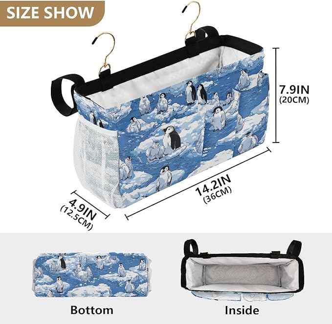 Bedside Caddy Hanging Bunk Bed Caddy Bed Organizer Hanging Pocket with 2 Hooks Bedside Storage Organizer Pocket Bag Holder Blue Penguins Ice Floes Snow Water