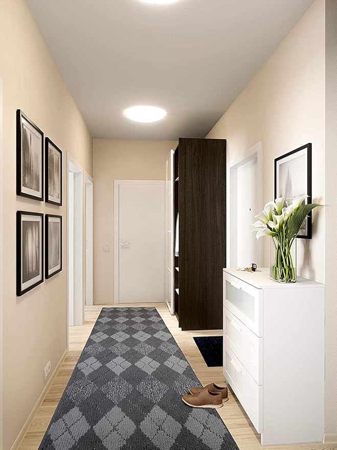 Custom Length Hallway Runner Rug,Slip Resistant,Squares Anthracite, 26 Inch X 7 feet, Sold and Priced Per Foot