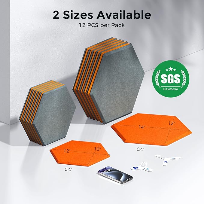 Self-Adhesive Acoustic Panels [390 lbs/yd³ Ultra-High Density], 2nd Generation Sound Absorbing Panel, Professional Level Sound Panel, Polyester Soundproof Foam [Size M, Orange & Moon Grey]