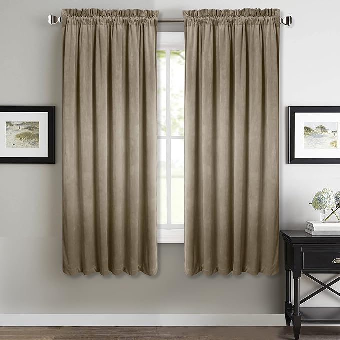 StangH Velvet Curtains 63 inch Length - Luxury Short Kitchen Curtains Room Darkening Heat Blocking Window Curtain Panels for Short Window/French Door, Camel Beige, W52 x L63, 2 Panels