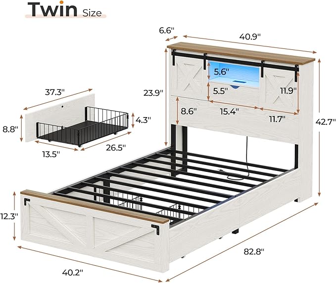 Hasuit Farmhouse Bed Frame Twin Size with 2 Storage Drawers, Wooden Platform Twin Bed with LED Lights and Charging Station, Rustic Accent Headboard with Sliding Barn Door Storage Cabinets