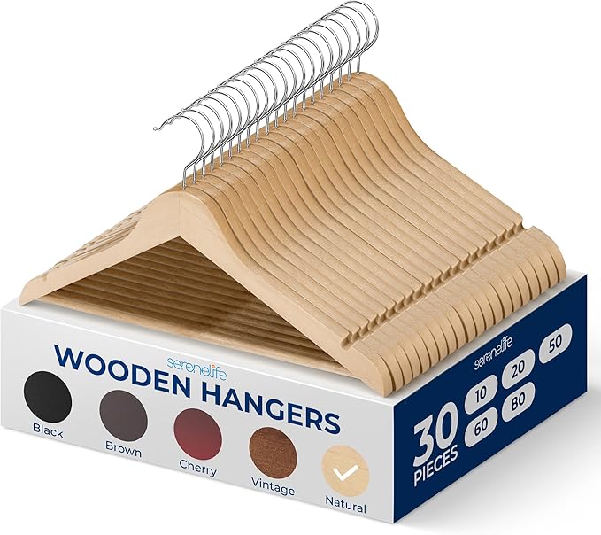 SereneLife 30-Pack Heavy Duty Wooden Hangers – Solid Wood Clothes Hanger Set with 360° Swivel Hook, Pant Bar & Notches for Jackets, Suits, Dresses, and Tops – Natural Smooth Finish