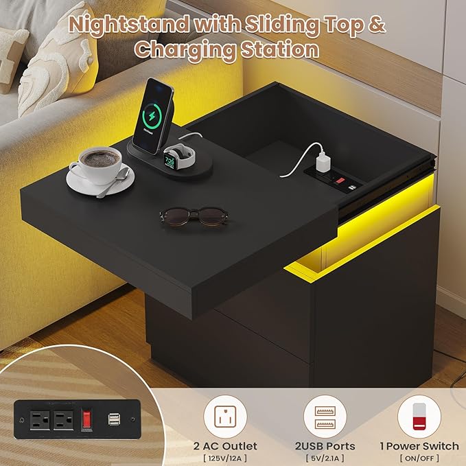 ADORNEVE Black Nightstand with Charging Station and LED Lights,Night Stand with Sliding Top,Bedside Table with Drawers,Modern End Side Table for Bedroom
