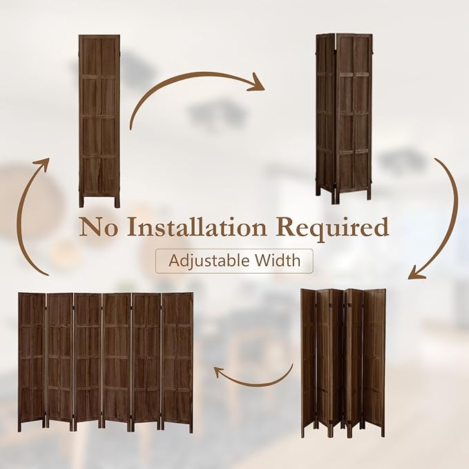 6 Panel Room Divider, 5.6Ft Wood Room Dividers and Folding Privacy Screens, Room Divider Wall Freestanding Room Partitions, Room Dividers Screen for Home Office Bedroom, Dark Brown