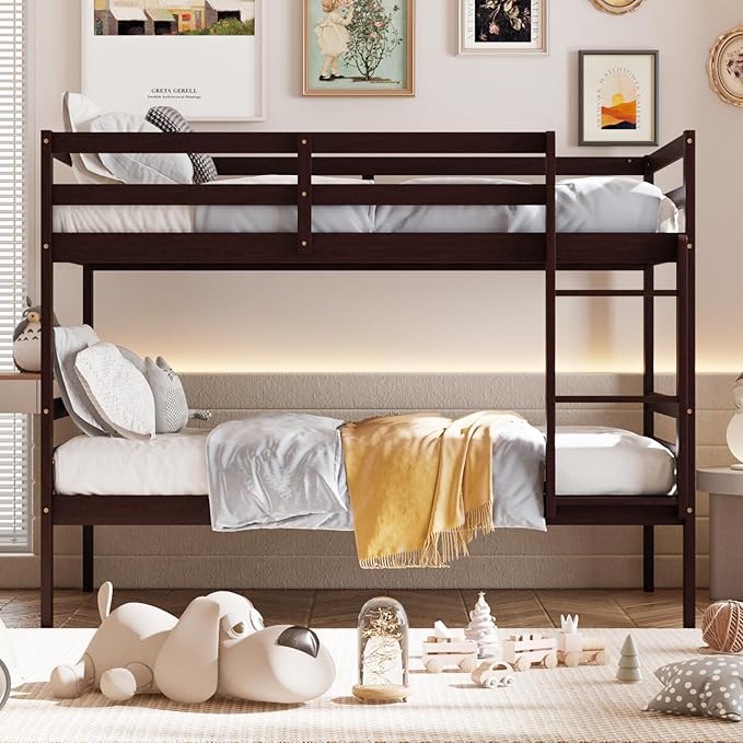 Giantex Bunk Bed Twin Over Twin, Solid Wood Bunk Bed with Sturdy Ladder & 12 Inch Safety Guard Rails, Twin Size Wood Bed Frame for Dormitory, No Box Spring Needed, Bunk Beds for Kids Teens, Espresso
