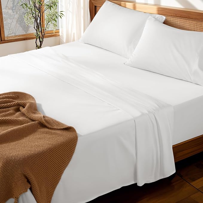 LBRO2M 100% Cotton Sheets Set Deep Pocket 19", 1000 Thread Count California King Size 4 Piece Bed Sheet Sets Soft Comfortable Bedding All Season (California King, White)