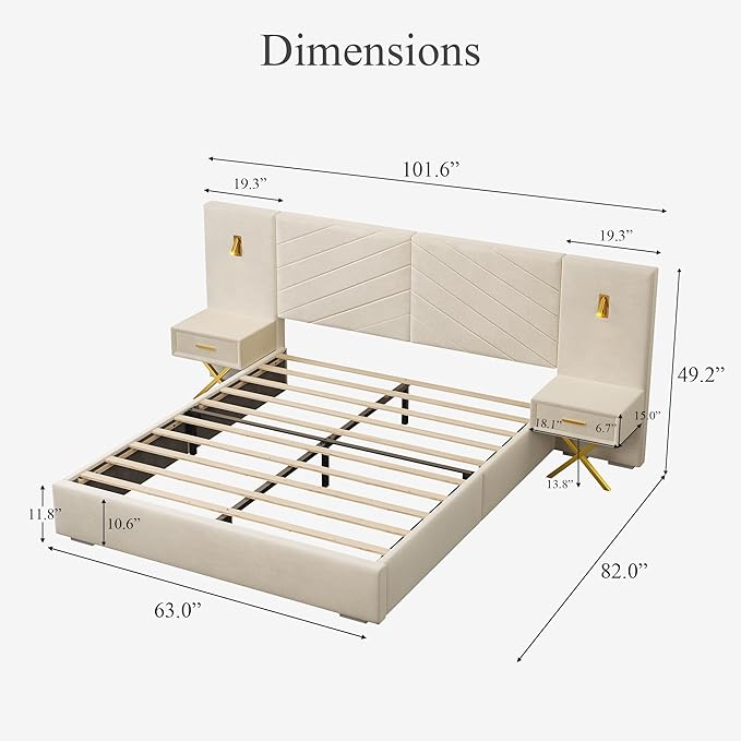 DEINPPA Luxury Queen Bed Frame with Built-in Gold LED Lights and Nightstands, Queen Size Platform Bed with Oversize Upholstered Headboard, No Box Spring Needed-Beige