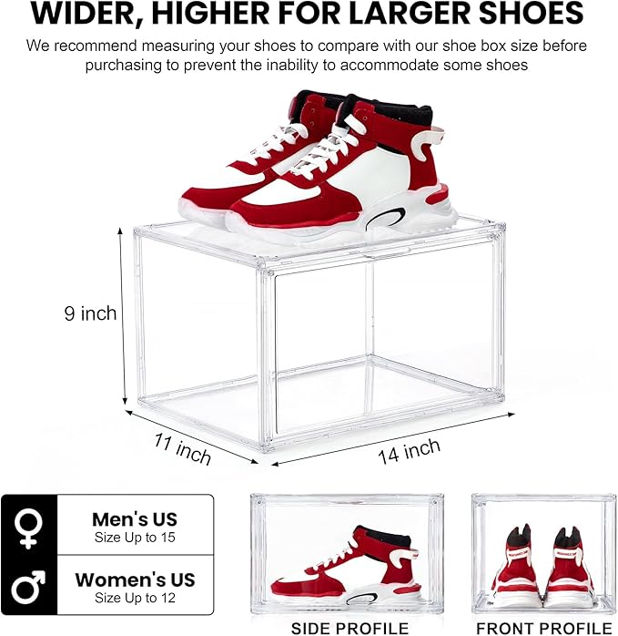 12 Pack Shoe Boxes, Acrylic Clear Shoe Boxes,360°Clear Plastic Stackable Shoe Display Box, Larger Shoe Storage Boxes, Shoe Containers, fit up to Us size 14 (Side Open)