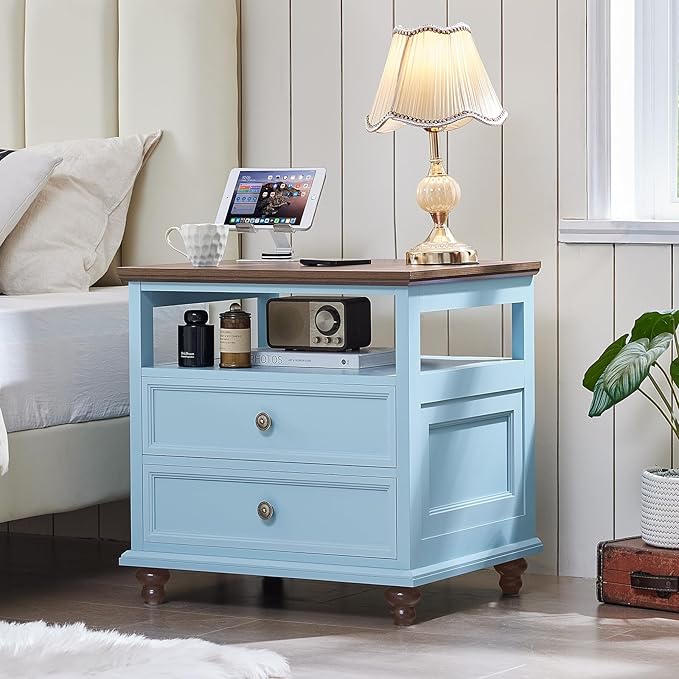 24" Wide Farmhouse Nightstand with Charging Station Set of 2, 54" 7 Drawers Dresser, 45" Tall Rustic Chests of 5 Drawers, Farmhouse Furniture Series for Bedroom,LightBlue
