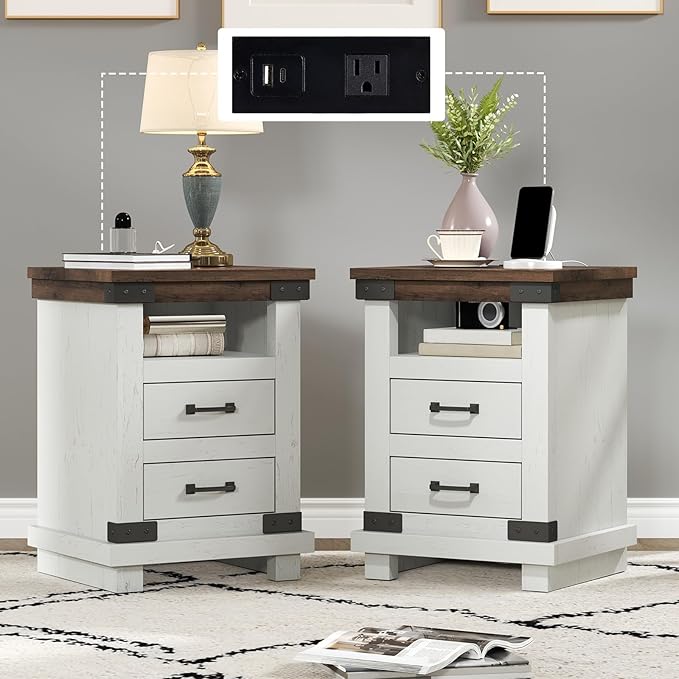 AMERLIFE Farmhouse End Table Set of 2, 18" Wood Night Stand with Charging Station & 4 Storage Drawers, Heavy Duty Bedside Nightstands for Bedroom, Living Room, Antique White