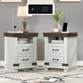 AMERLIFE Farmhouse End Table Set of 2, 18" Wood Night Stand with Charging Station & 4 Storage Drawers, Heavy Duty Bedside Nightstands for Bedroom, Living Room, Antique White