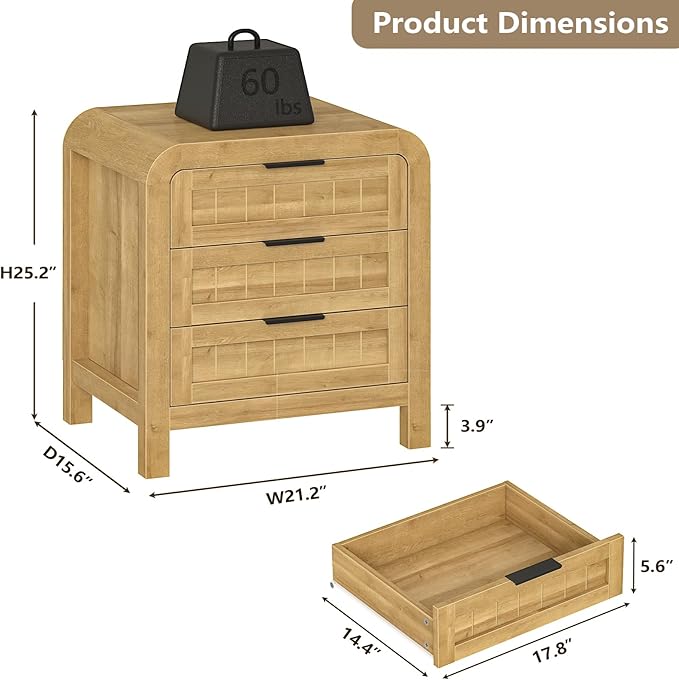 IKENO Wood Nightstand with 3 Storage Drawer, 21" Wide Night Stand with Curved Profile Design, Bedside End Table for Bedroom, Living Room, Closet (1, Natural Oak, 3 Drawer)