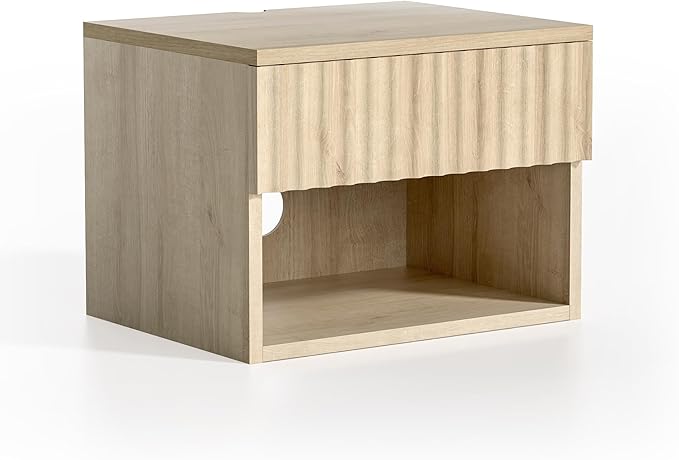 Floating TV Stands Set of 4 with Drawer and Open Shelf, Small Wall Mounted Bedside End Table, Modern Fluted Night Stand for Bedroom, Living Room, Light Oak