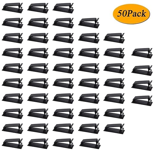SOULWIT 50Pcs Self Adhesive Cable Management Clips, Cable Organizers Wire Clips Cord Holder for TV PC Ethernet Cable under Desk Home Office (Black)