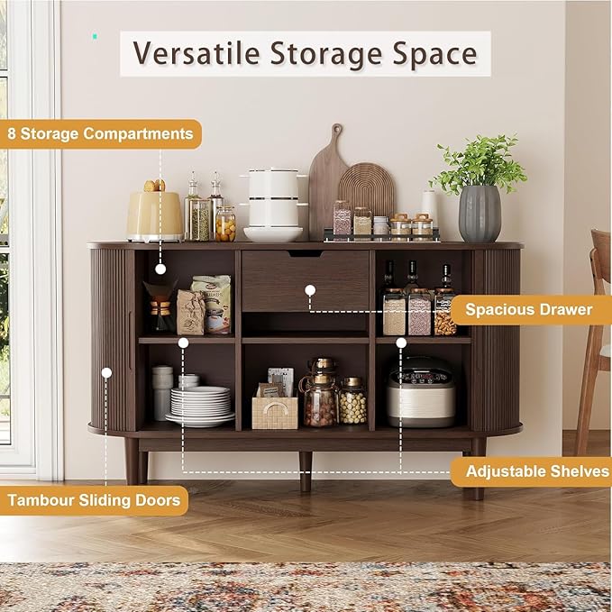 LINSY HOME Sideboard Buffet Cabinet with Storage, 55" Fluted Coffee Bar Cabinet with Tambour Sliding Doors and Drawer, Mid Century Modern Wood Storage Buffet Table for Kitchen, Living Room, Walnut | with Storage, Fluted, Coffee Bar Cabinet, Drawer, Mid...