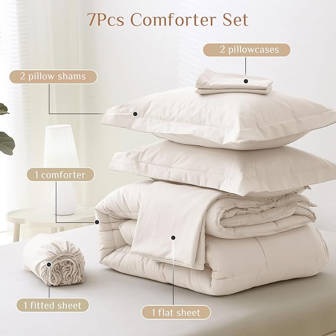 JOLLYVOGUE Oversized King Comforter Set, Ultra-Soft Bed in a Bag Oversized King Size 7 Pieces, Oeko-TEX Certified Bedding Set with Down Alternative Comforter, Sheets, Pillowcases & Shams, Beige