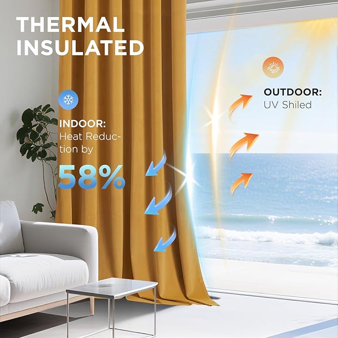 Joydeco Mustard Yellow 100% Blackout Curtains 108 Inch 2 Panels, Luxury Thermal Yellow Velvet Curtains for Bedroom Living Room, Soundproof Blackout Window Drapes, Rod Pocket & Back Tab (52W x 108L)