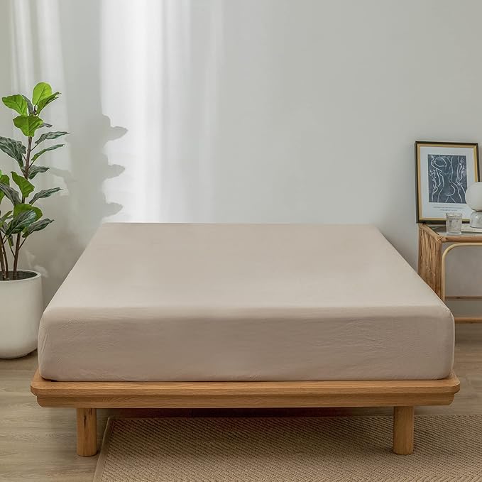 MooMee Fitted Bottom Sheet Only 100% Washed Cotton Linen Like Textured Breathable Durable Soft Comfy Deep Pocket Fits Mattress up to 17" (Taupe, Queen)