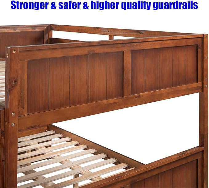TSAMPA Latest Upgraded & Stronger Heavy Duty Solid Wood Full Over Full Bunk Bed with Trundle, Thickened Safer Convertible Bunkbed Frame (Easier to Assemble) (Walnut)