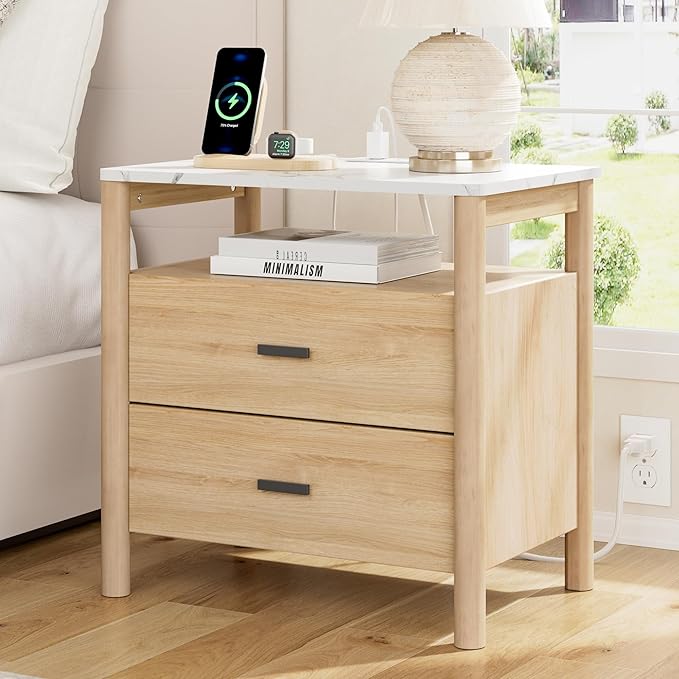 FavourLife Night Stand, 23" Wide Nightstand, Modern Large Nightstand with Charging Station & Faux Marble Top, 2 Drawer End Table with Solid Round Post Legs, Bedside Table for Bedroom, Natural Oak