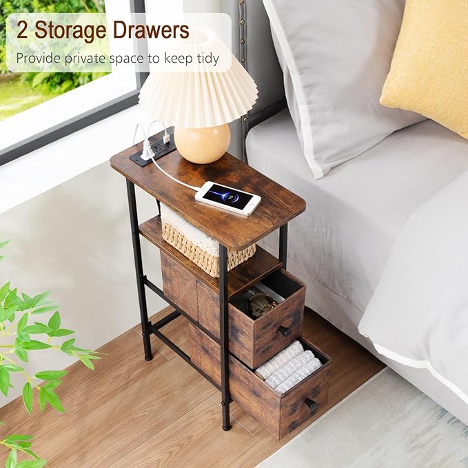 LOAKEKEL Narrow End Table Living Room with Charging Station, Skinny Side Table with Fabric Drawers, Slim Nightstand for Bedroom, Small Spaces, Couch, Rustic Brown, HETNDP02PBR-1