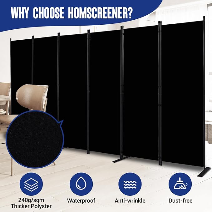 Room Divider and Folding Privacy Screens 6 Panel, 11 Ft Wide Room Partitions Dividers, Portable Room Divider Screen for Room Separtition, Folding Wall Dividers for Rooms, Office, Bedroom, Studio Black