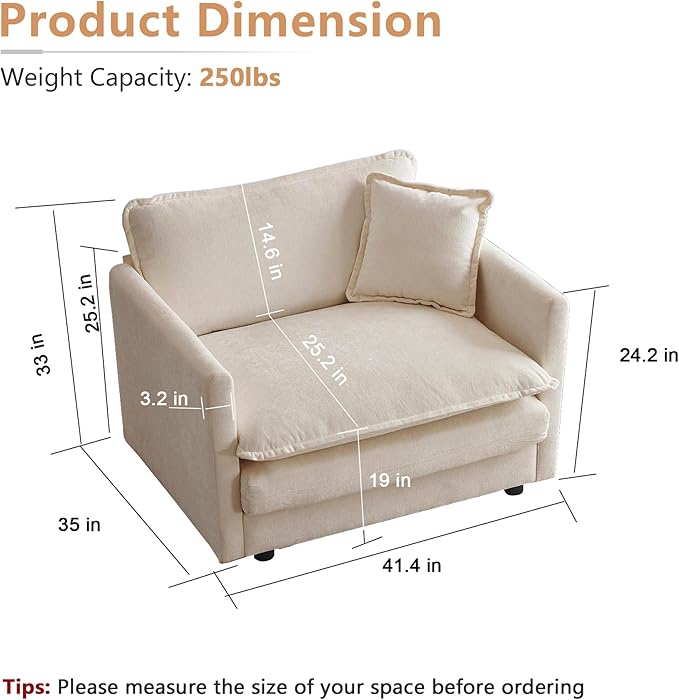mikibama 41.4" W Single Seat Sofa, Chenille Comfy Deep Upholstered Couch Armchair with Toss Pillow for Living Room Bedroom Office Apartment, Light Coffee