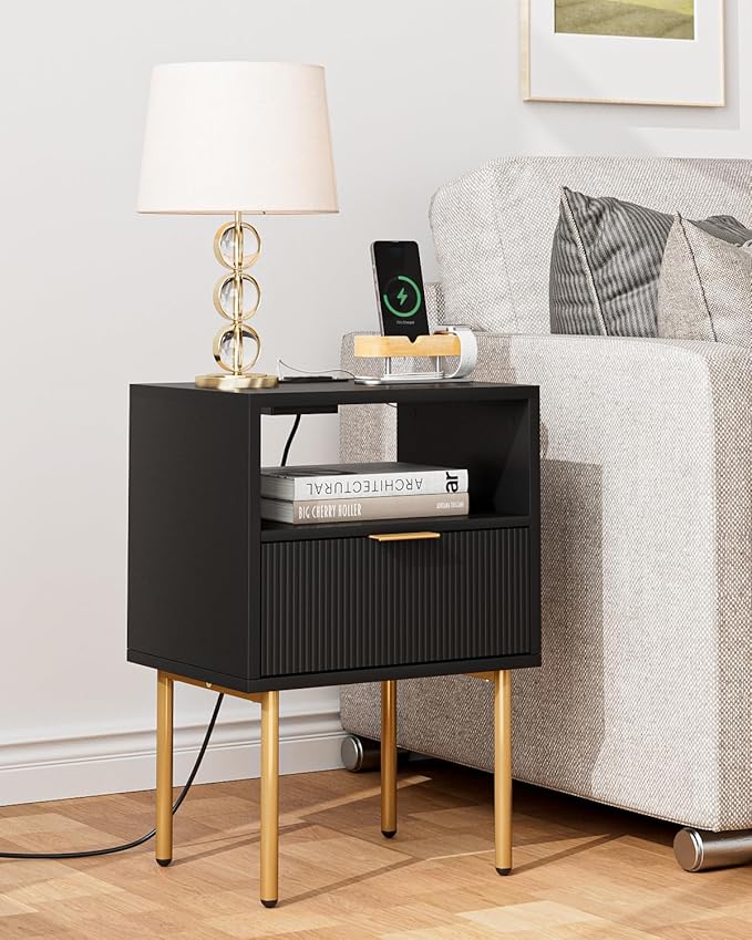 Masupu Nightstand with Charging Station,Mid-Century Modern Bedside Table with Storage Drawer and Open Wood Shelf,Small Gold Frame Side Table for Bedroom,Living Room (Black)