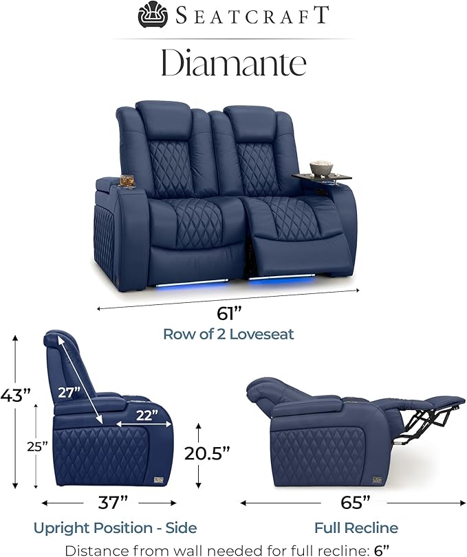 Seatcraft Diamante Zero-Gravity CoolZero Italian Leather Home Theater Seating, Power Headrest, Power Recline, Row of 2 Loveseat, Navy Blue