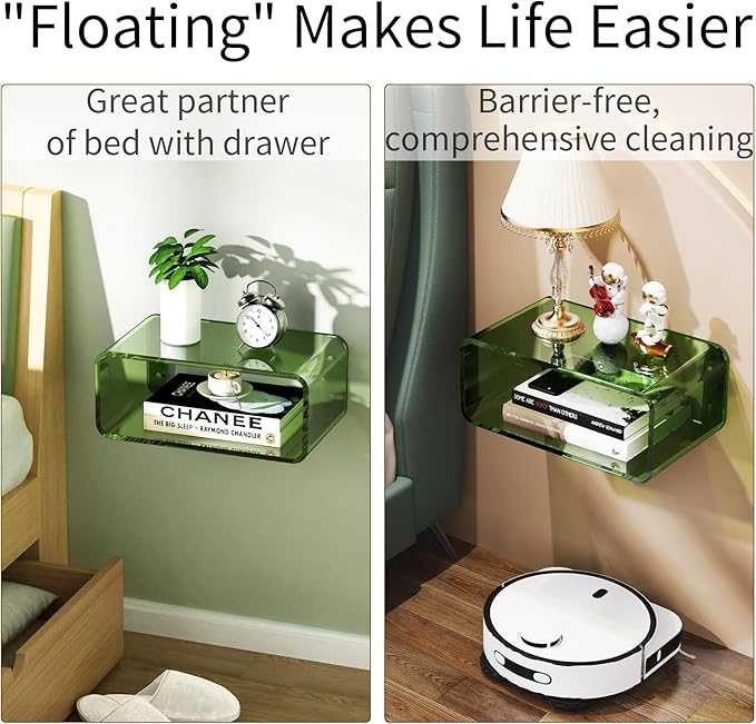 Acrylic Floating Nightstand, Bedside Table, Nightstand Shelf Wall Mounted Bedside Shelf (Green, Small)