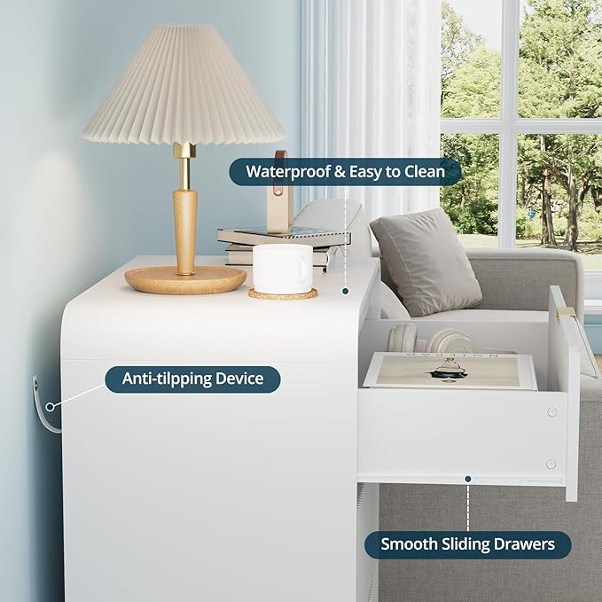 FURSUN 32" Tall Fluted Nightstand, 3 Drawers Wooden End Table w/Storage, Curved Profile Design, Modern Bedside Table for Bedroom, Solid White