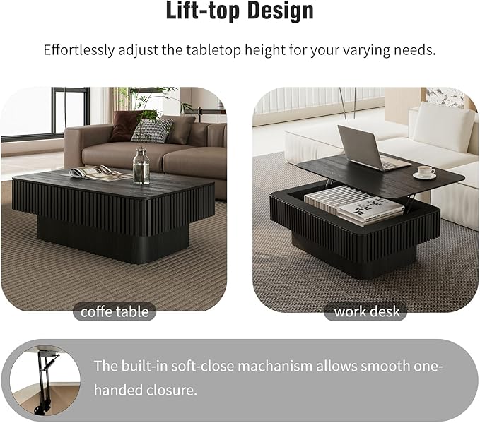LKTART Lift Top Coffee Table for Living Room, Accent Fluted Coffee Table with Storage, Modern Solid Wood Veneered Rectangle Center Tea Table for Small Space Apartment (38.6''L×14''H-Black)