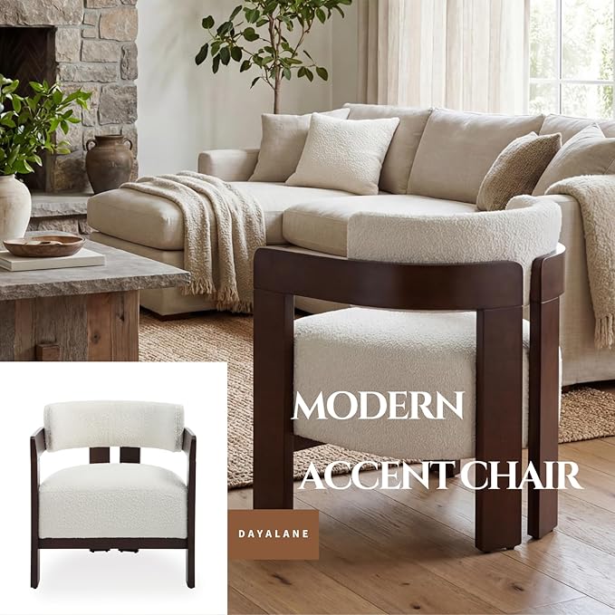 Beige Barrel Accent Chair, Cozy Upholstered Living Room Chair for Bedroom, Walnut Wood Frame, Vintage Modern Lounge Reading Chair for Apartment Waiting Room Office,1 PCS, Beige