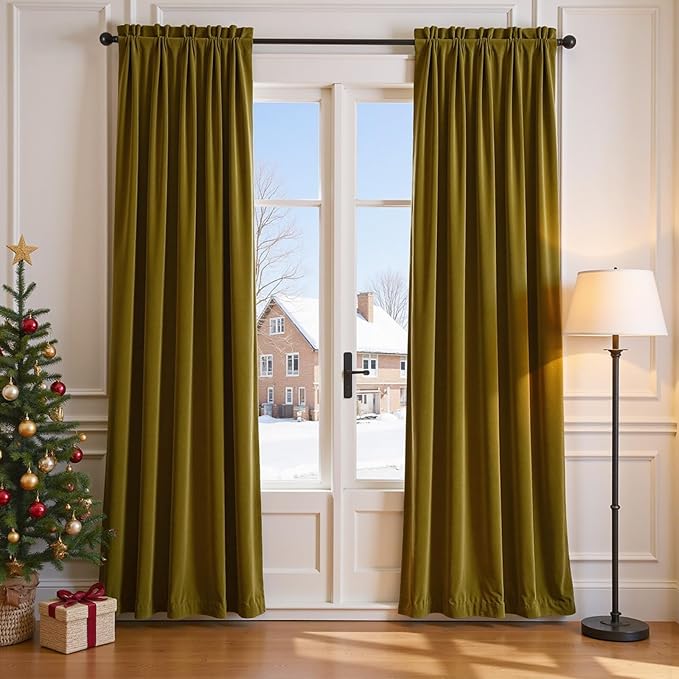 Lazzzy Velvet Blackout Curtains Thermal Insulated Room Window Drapes Super Soft Luxury Curtains for Living Room Bedroom Rod Pocket 2 Panels, Golden Olive, 52" W x 108" L