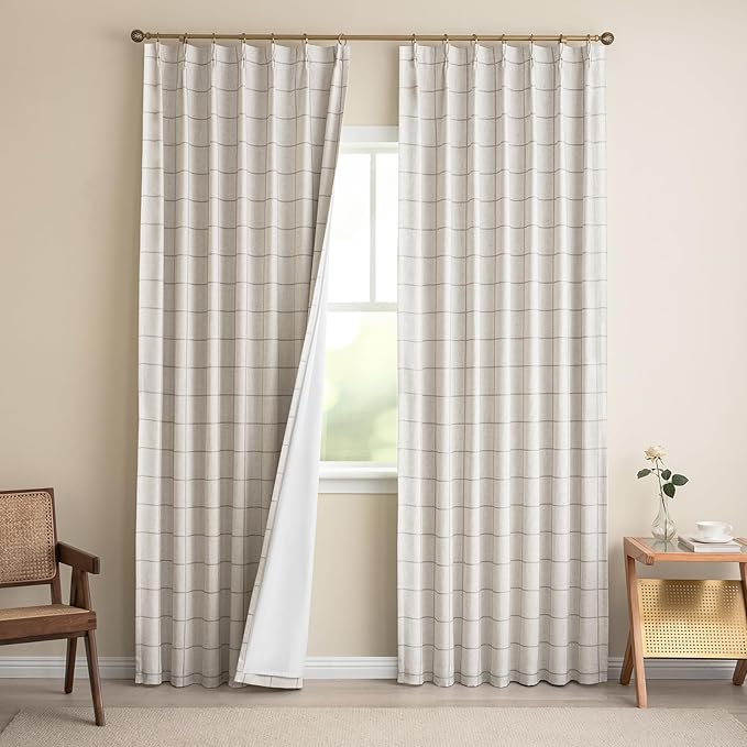 Linen Plaid Blackout Curtains for Living Room,Bedroom,Dining Room 95 Inches Long Gingham Double Layer 2 Panels Set Luxury and Modern Printed Design Darkening Pinch Pleated
