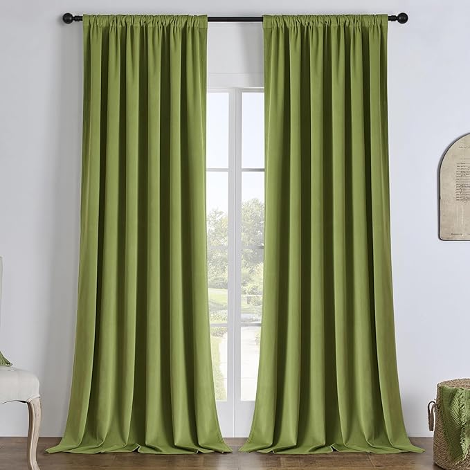 Joydeco Moss Green 100% Blackout Curtains 72 Inch 2 Panels, Luxury Thermal Green Velvet Curtains for Bedroom Living Room, Soundproof Blackout Window Drapes, Rod Pocket & Back Tab (52W x 72L)