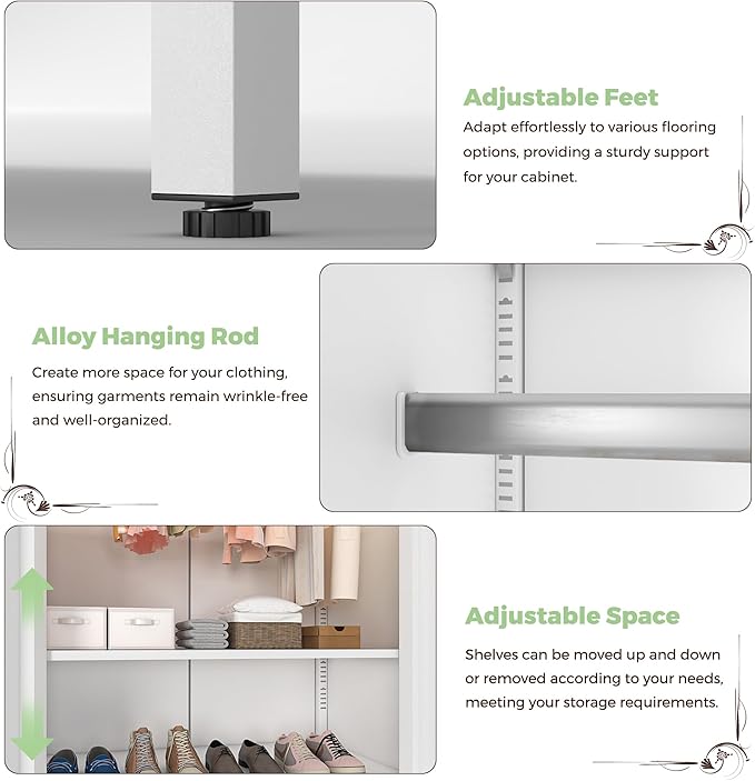 COFaR Metal Wardrobe Cabinet with Hanging Rod, 71 inches Tall Bedroom Armoire Wardrobe Closet for Home, Office, Garage, Laundry Room White
